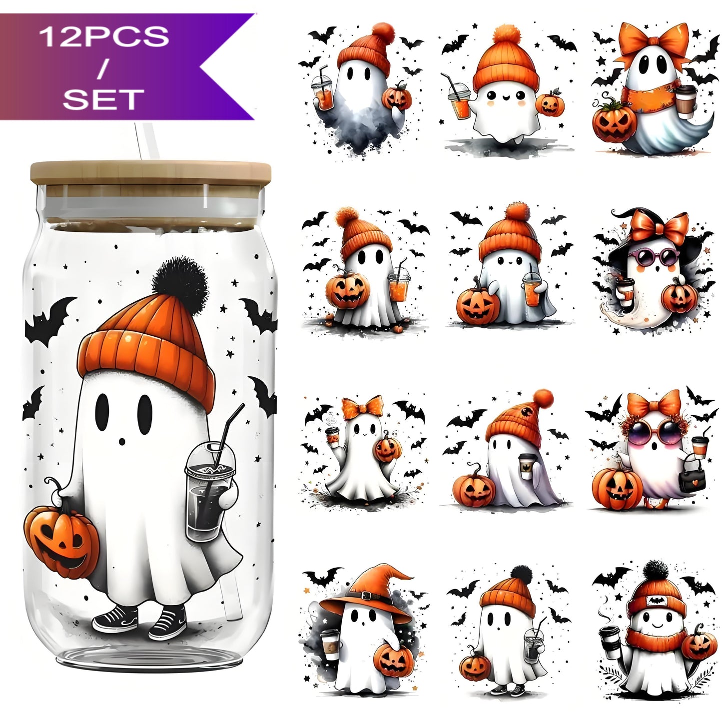 (12PCS/SET)Halloween Pumpkin Ghost UV DTF Transfer Paper Waterproof Scratc12
