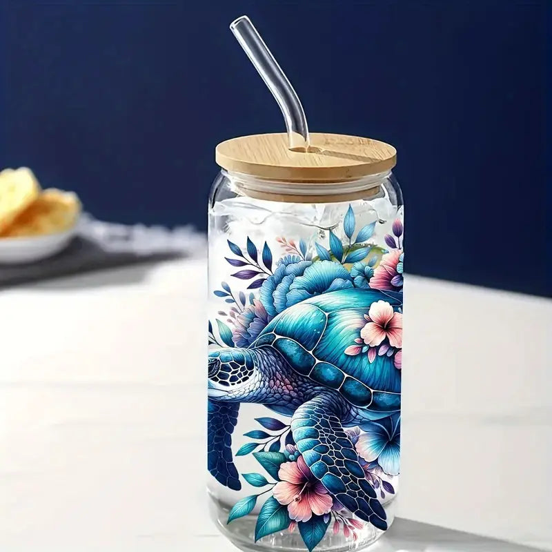 Blue Ocean Turtle 16oz Glass Jar Packaging Sticker Animal Coffee Cup UV DTF