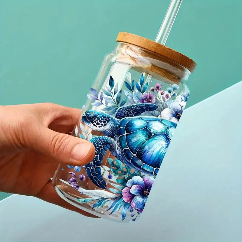 Blue Ocean Turtle 16oz Glass Jar Packaging Sticker Animal Coffee Cup UV DTF