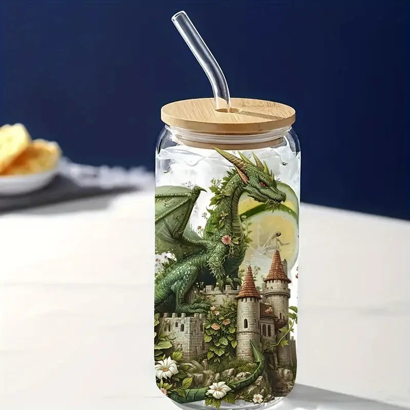 Pink dragon design 16 oz glass packable sticker beautiful flower coffee mug UV DTF