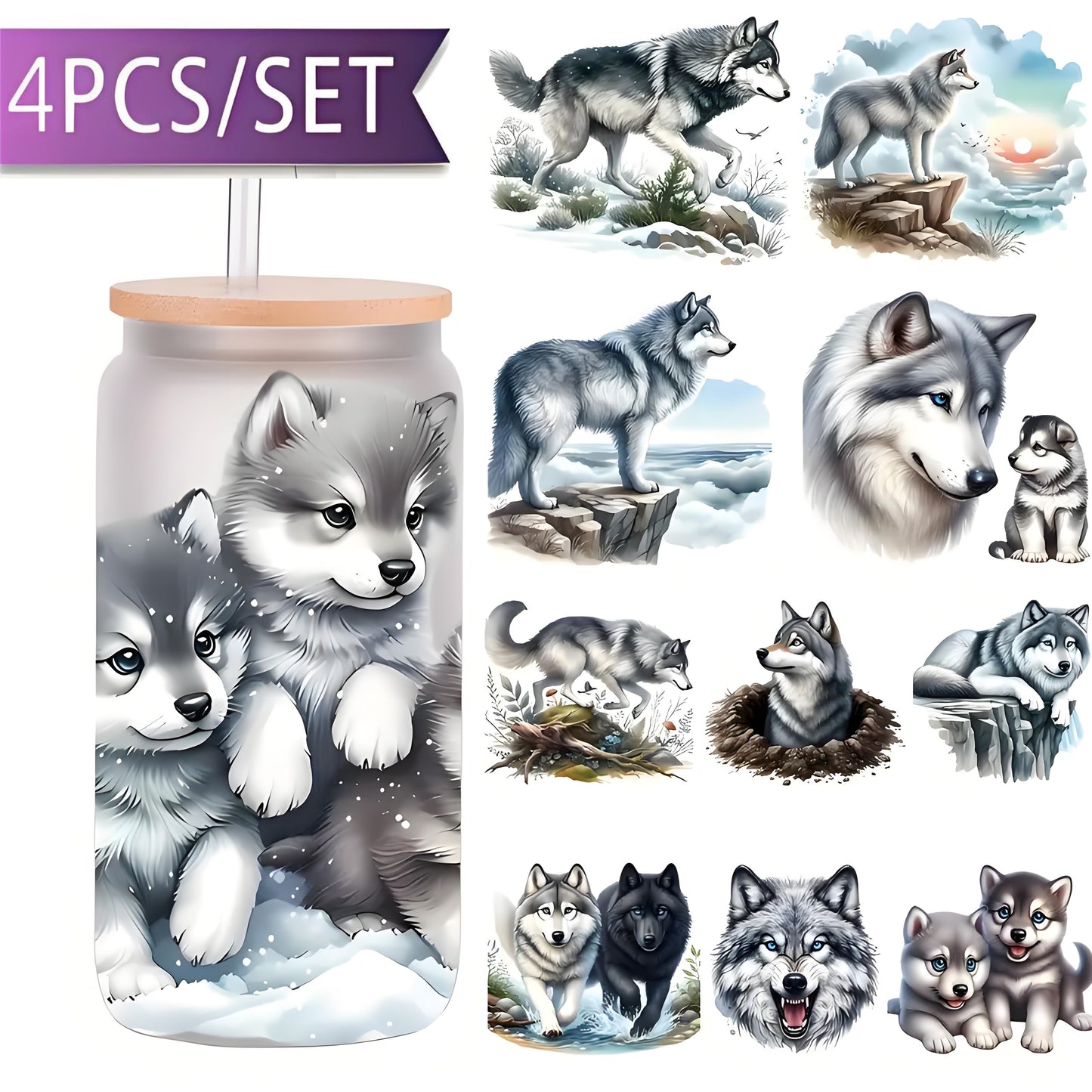 Fierce wolf 16 oz glass jar packaging sticker animal coffee cup UV DTF