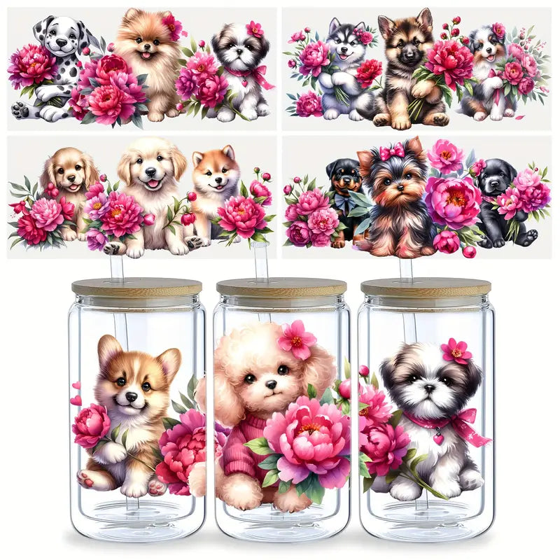 Dog hugging flower UV DTF cup sticker