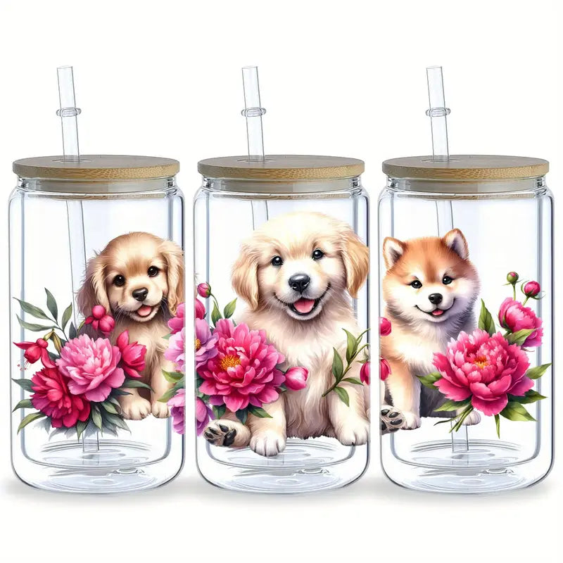 Dog hugging flower UV DTF cup sticker