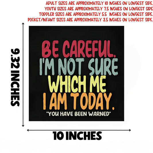 "BE CAREFUL I'M NOT SURE WHICH ME I AM TODAY" iron-on transfer
