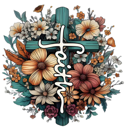 Colorful floral cross and "Faith" lettering iron-on transfer