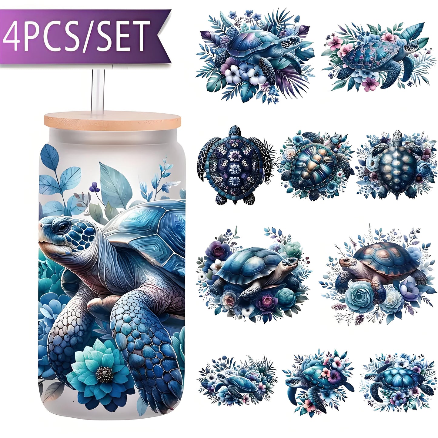 Blue Ocean Turtle 16oz Glass Jar Packaging Sticker Animal Coffee Cup UV DTF