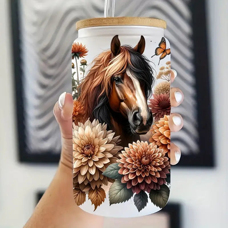 Brown Bohemian Floral Horse 16oz Glass Jar Packaging Sticker Animal Coffee Cup UV DTF