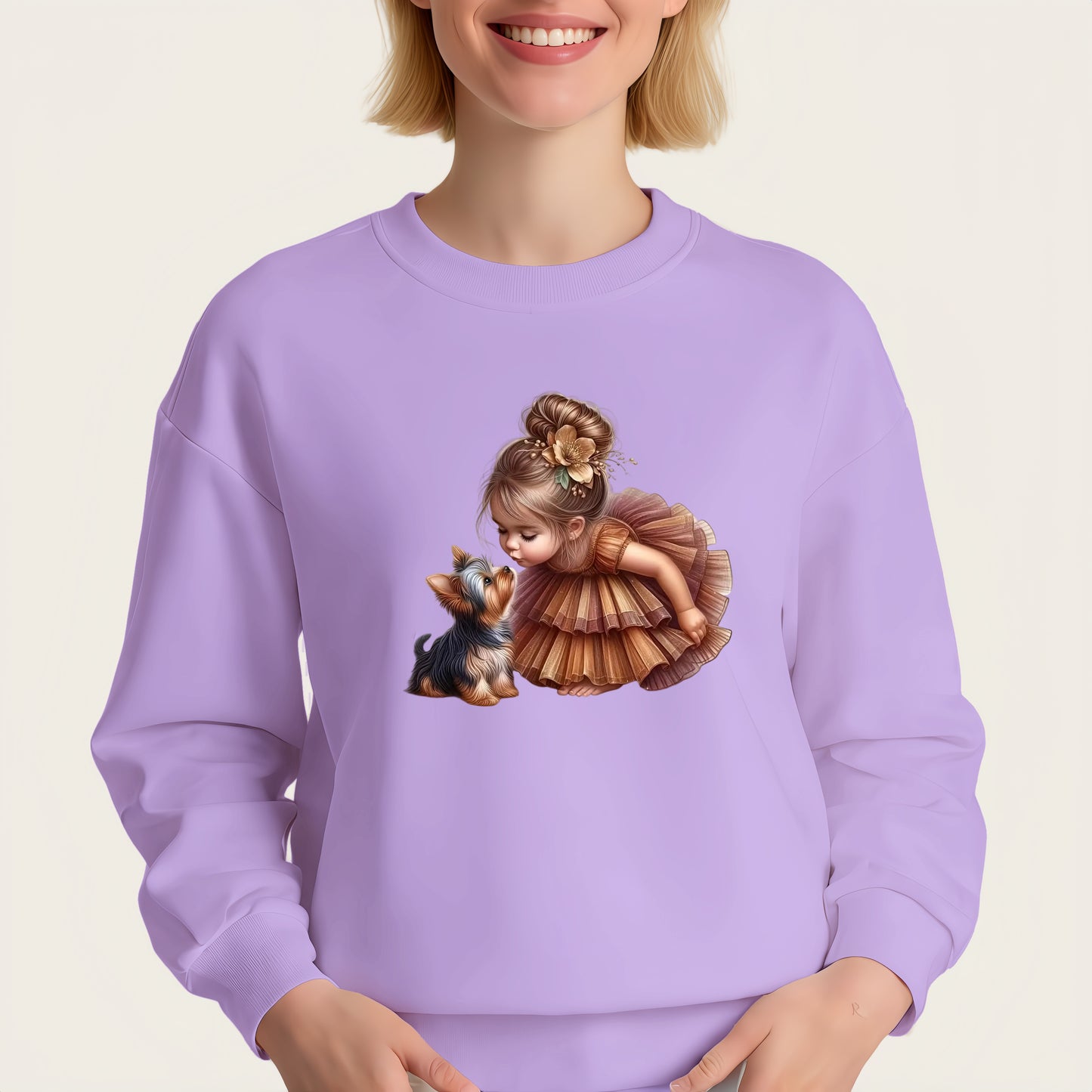 A puppy and a little girl ironing on transfer stickers.