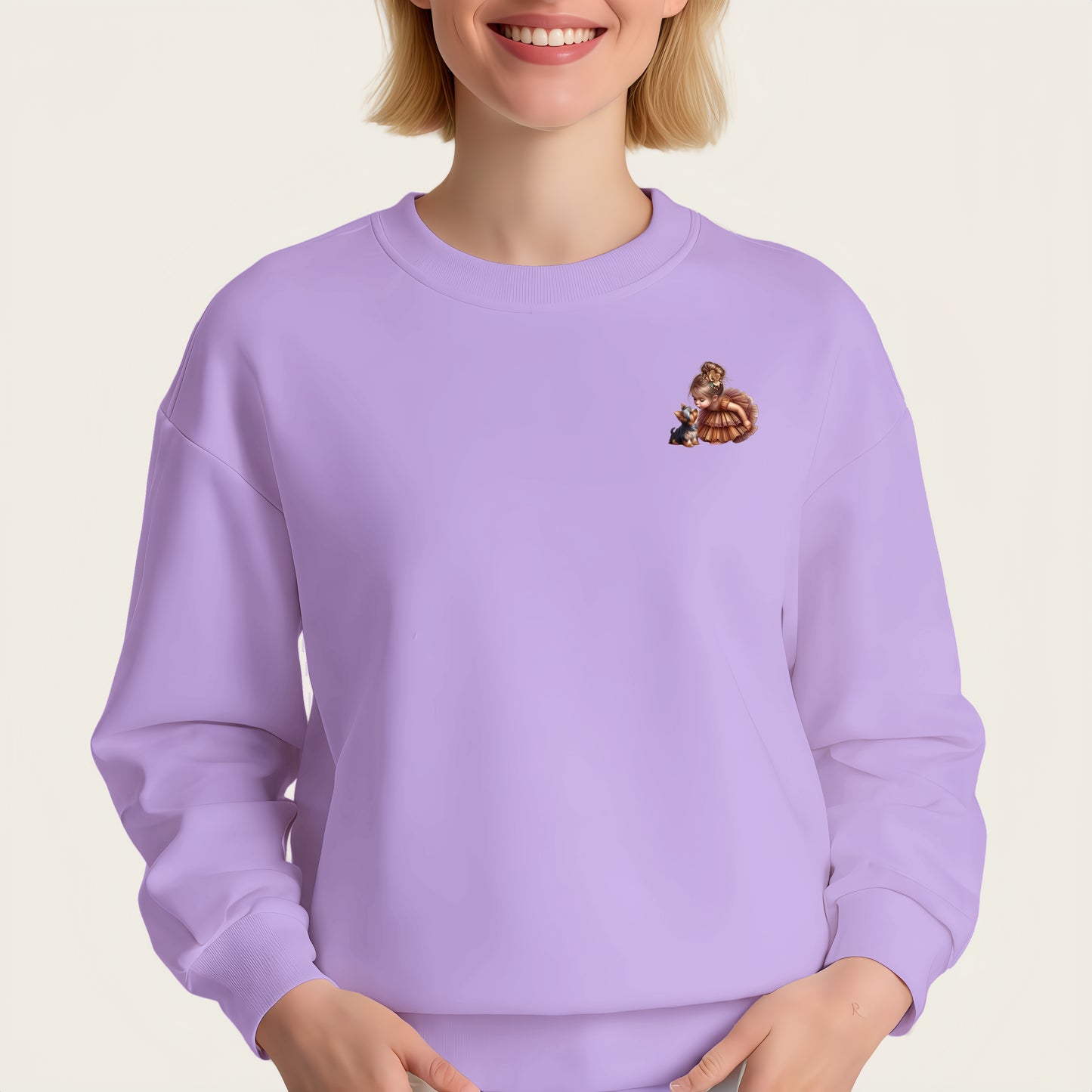 A puppy and a little girl ironing on transfer stickers.