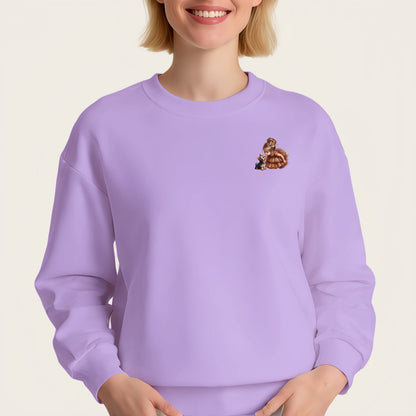 A puppy and a little girl ironing on transfer stickers.