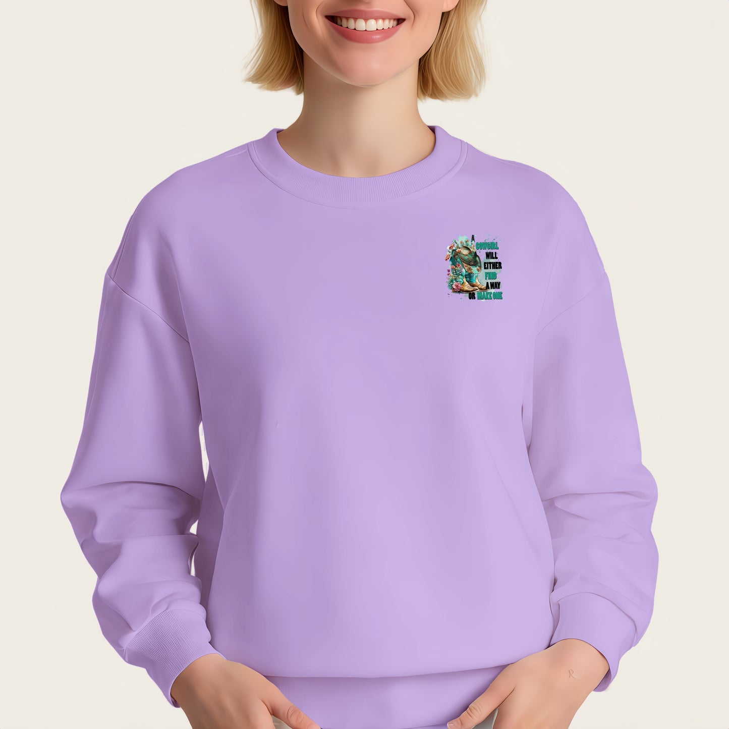 "COWGIRL WILL EITHER FIND A WAY OR MAKE ONE" design iron-on transfer sticker