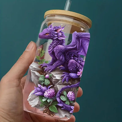 Pink dragon design 16 oz glass packable sticker beautiful flower coffee mug UV DTF