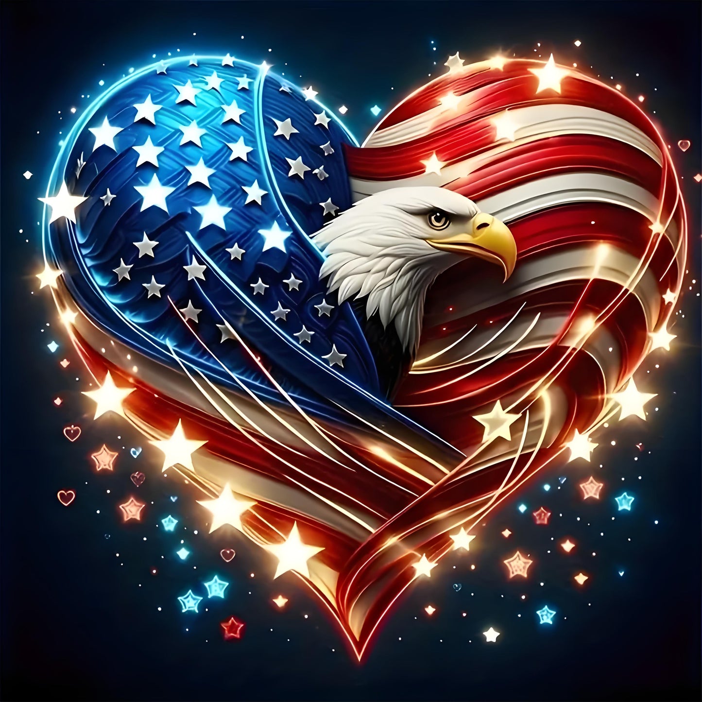 Patriotic Heart American Flag and Bald Eagle Iron-On Transfers