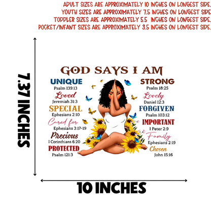 "GOD SAYS I AM" iron-on transfer