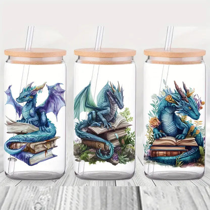 Pink dragon design 16 oz glass packable sticker beautiful flower coffee mug UV DTF