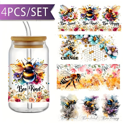 Bee and flower UV DTF glass jar decal