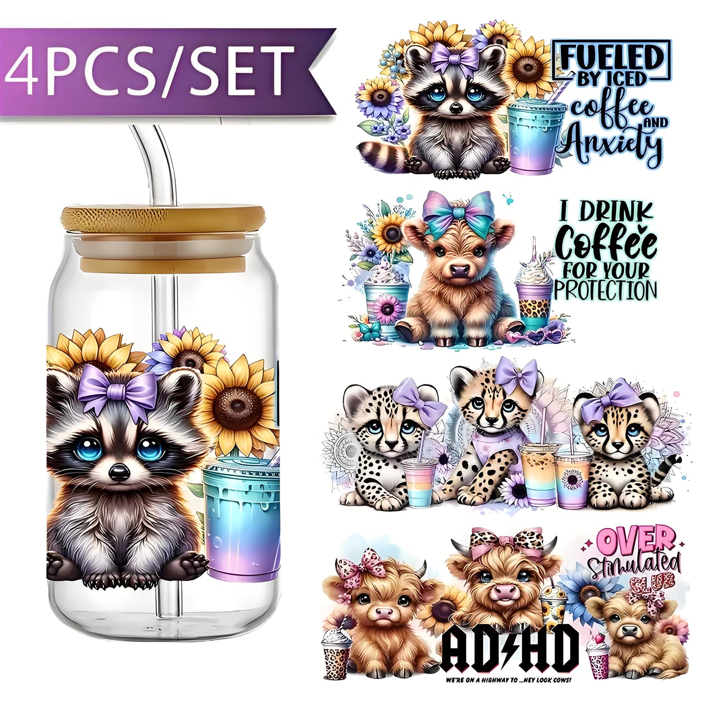 High Quality Iced Coffee and Raccoon UV DTF Transfer Paper