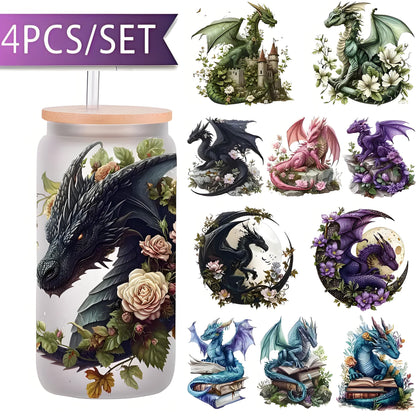 Pink dragon design 16 oz glass packable sticker beautiful flower coffee mug UV DTF