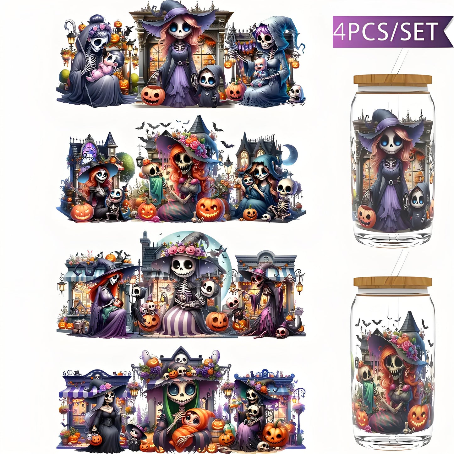 （4PCS/SET）Halloween Skull UV DTF Transfer Sticker Glass