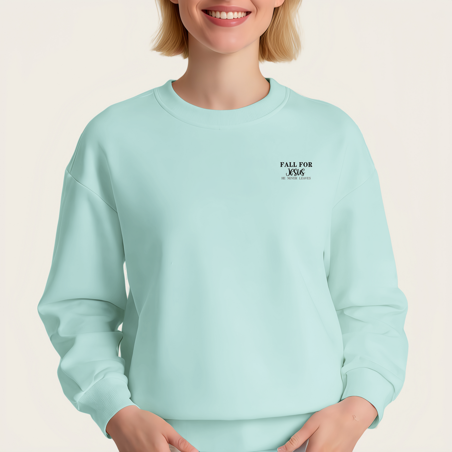 "FALL FOR JeSuS HE NEVER LEAVES" iron-on transfer