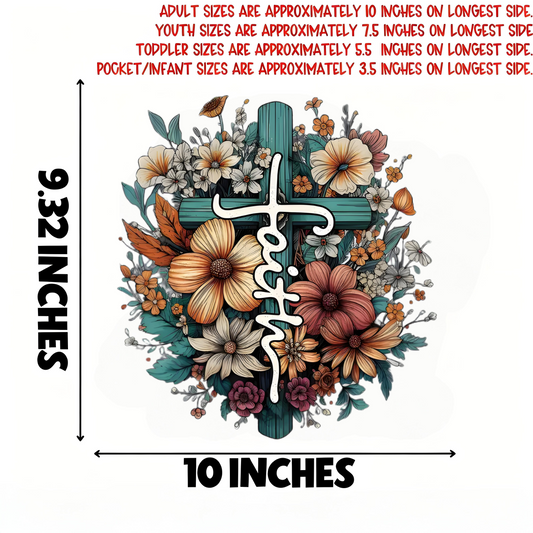 Colorful floral cross and "Faith" lettering iron-on transfer