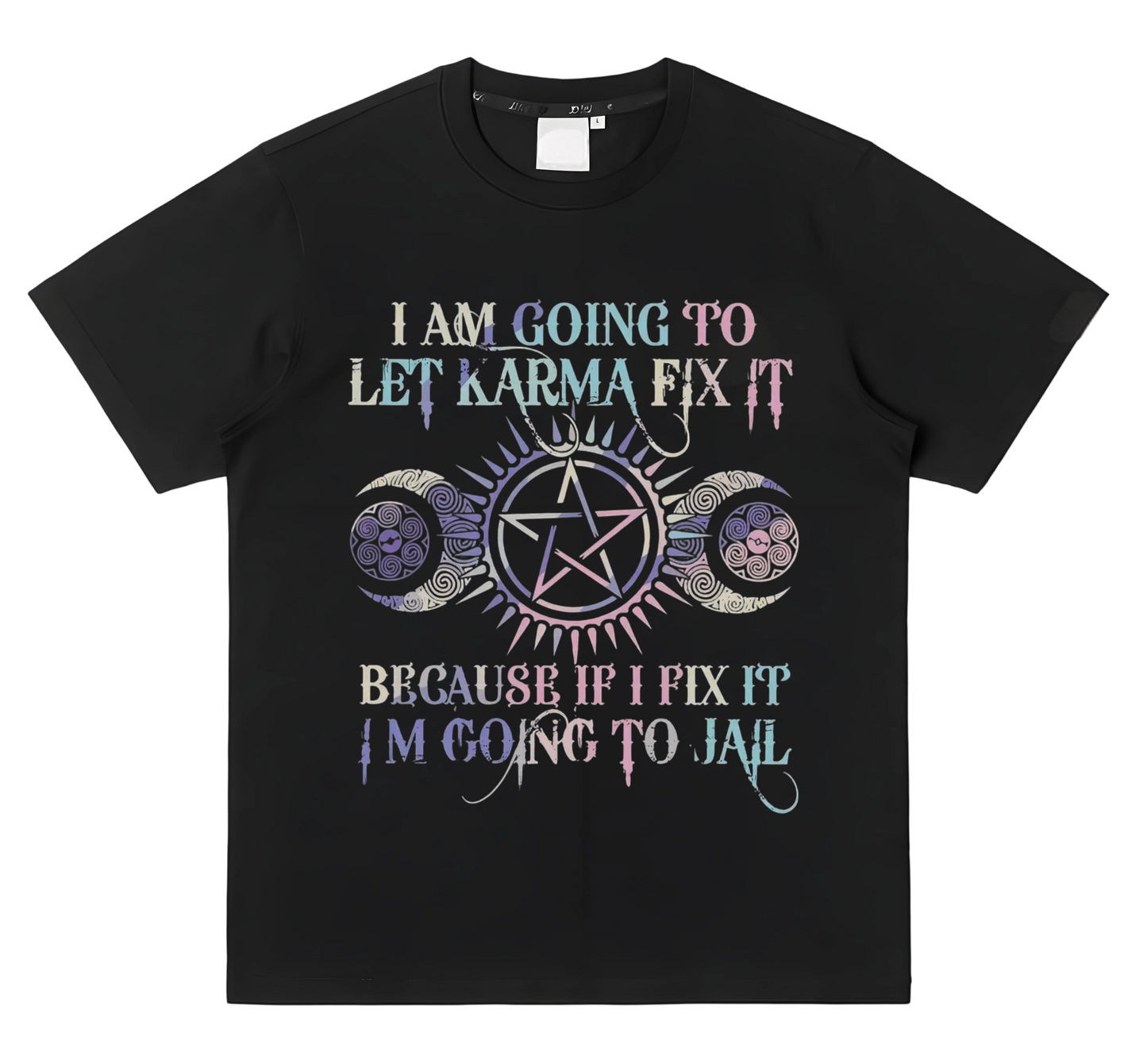 "Let KARMA Fix It" slogan with Pentagram & Celtic Knot heat transfer iron-on