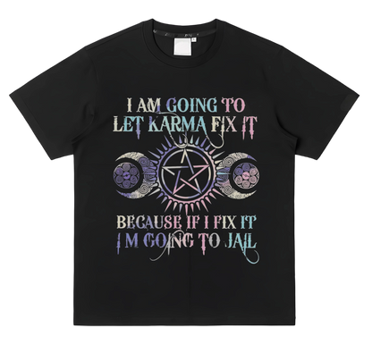 "Let KARMA Fix It" slogan with Pentagram & Celtic Knot heat transfer iron-on