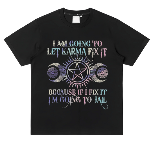 "Let KARMA Fix It" slogan with Pentagram & Celtic Knot heat transfer iron-on