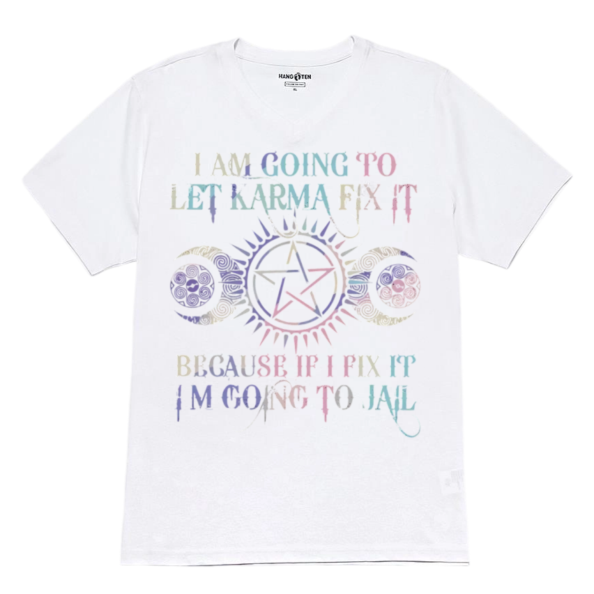 "Let KARMA Fix It" slogan with Pentagram & Celtic Knot heat transfer iron-on