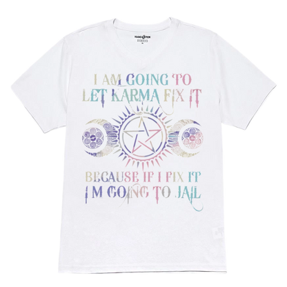 "Let KARMA Fix It" slogan with Pentagram & Celtic Knot heat transfer iron-on