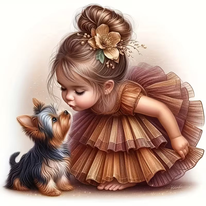 A puppy and a little girl ironing on transfer stickers.