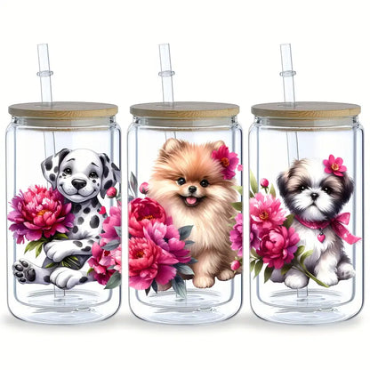 Dog hugging flower UV DTF cup sticker