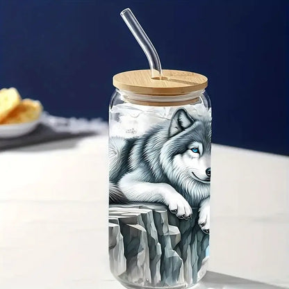 Fierce wolf 16 oz glass jar packaging sticker animal coffee cup UV DTF