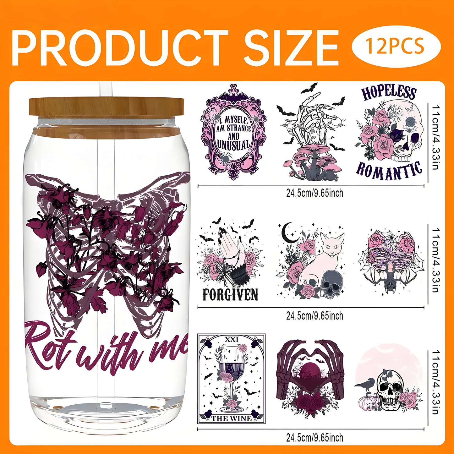 12PCS/SET (for 16oz Cups) Waterproof UV DTF Cup Decals