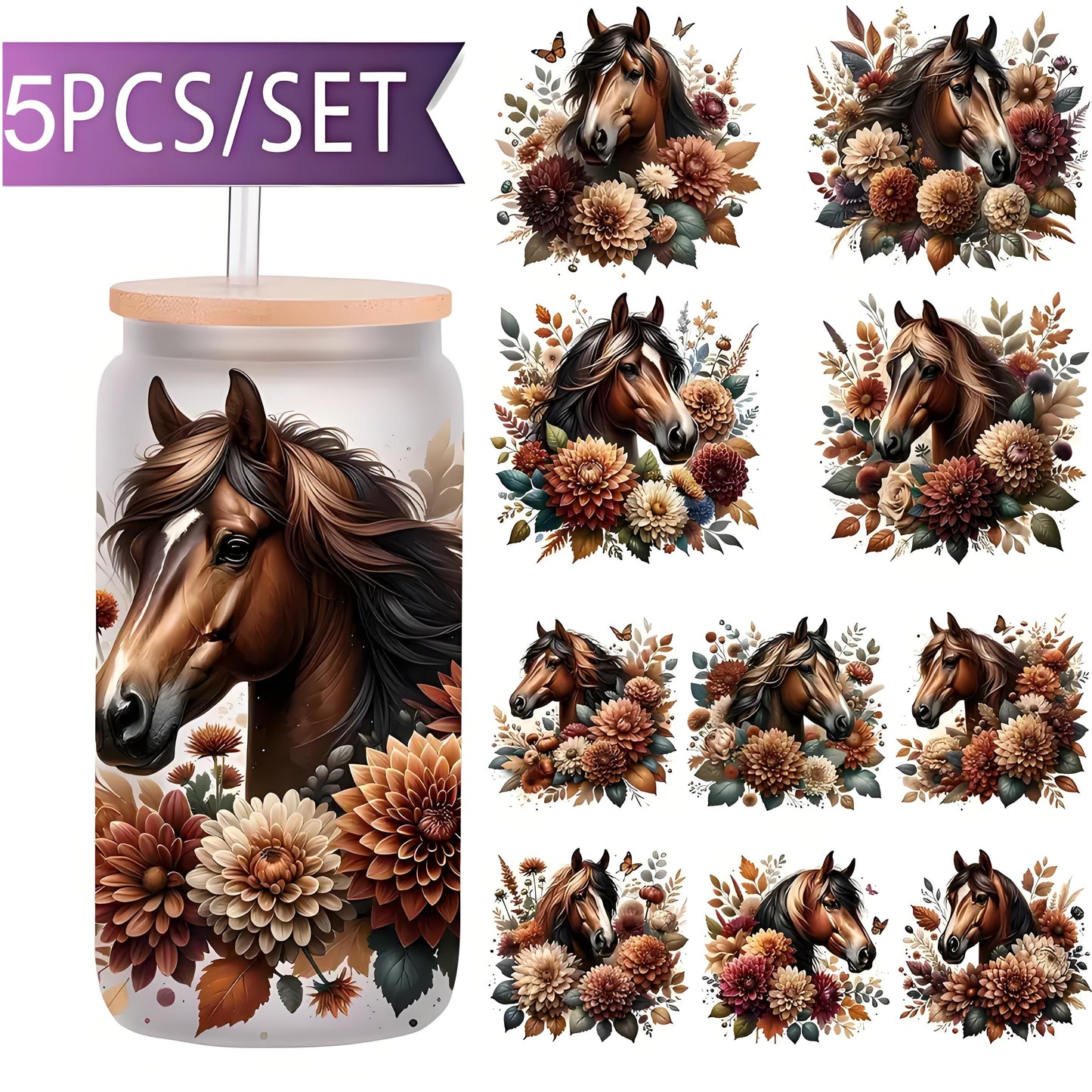 Brown Bohemian Floral Horse 16oz Glass Jar Packaging Sticker Animal Coffee Cup UV DTF