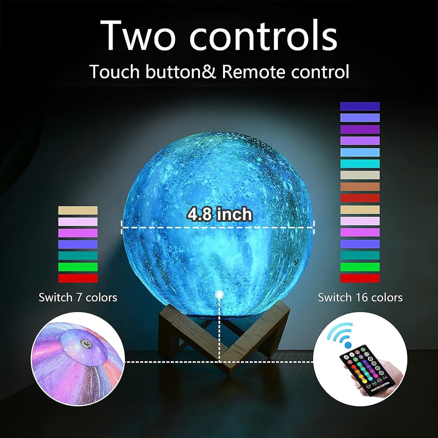 Moon Lamp, Kids Night Light Galaxy Lamp - 16 Colors Moon Light with Wood Stand Remote & Touch Control USB Rechargeable Gift for Girls&Boys Lover Birthday - 4.8 inch