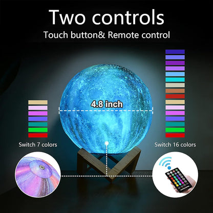Moon Lamp, Kids Night Light Galaxy Lamp - 16 Colors Moon Light with Wood Stand Remote & Touch Control USB Rechargeable Gift for Girls&Boys Lover Birthday - 4.8 inch