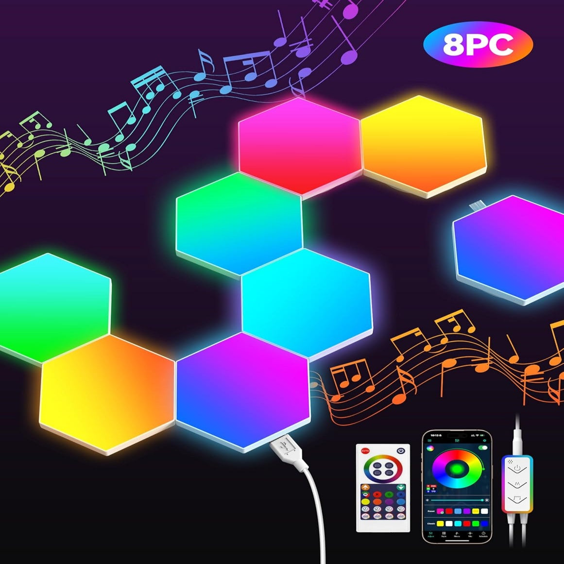 Hexagon Light Panel - 8 Pack Smart APP RGB Hexagon LED Lights Wall Lights with Remote Control & Music Sync for Halloween Decor, Gaming Decor