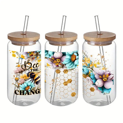 Bee and flower UV DTF glass jar decal