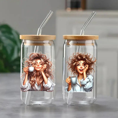 Messy Coffee Women's 16 oz Glass Jar Packaging Transfer Decorative Paper UV DTF