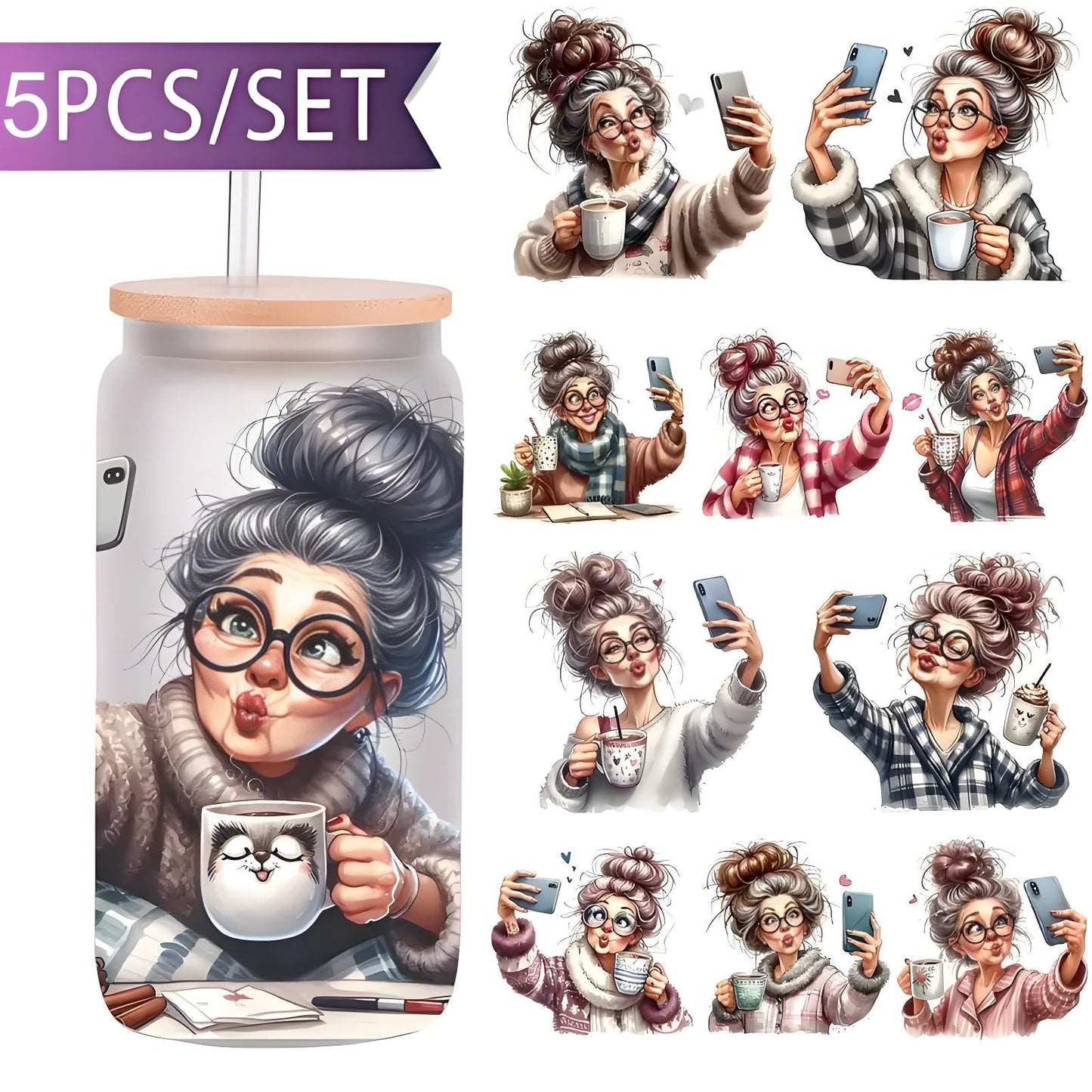Selfie Grandma 16 oz glass jar packaging sticker funny expression coffee cup UV DTF
