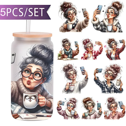 Selfie Grandma 16 oz glass jar packaging sticker funny expression coffee cup UV DTF