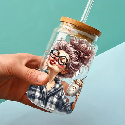 Selfie Grandma 16 oz glass jar packaging sticker funny expression coffee cup UV DTF