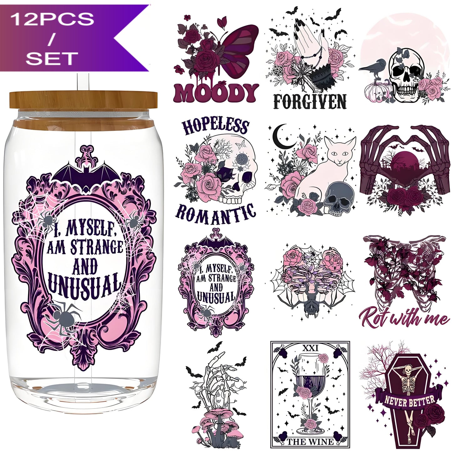 12PCS/SET (for 16oz Cups) Waterproof UV DTF Cup Decals