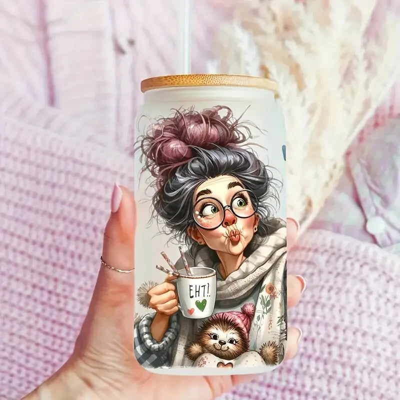 Selfie Grandma 16 oz glass jar packaging sticker funny expression coffee cup UV DTF