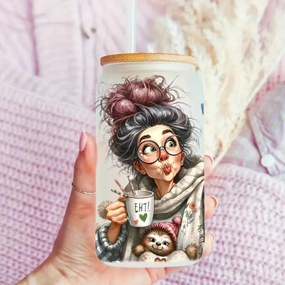 Selfie Grandma 16 oz glass jar packaging sticker funny expression coffee cup UV DTF