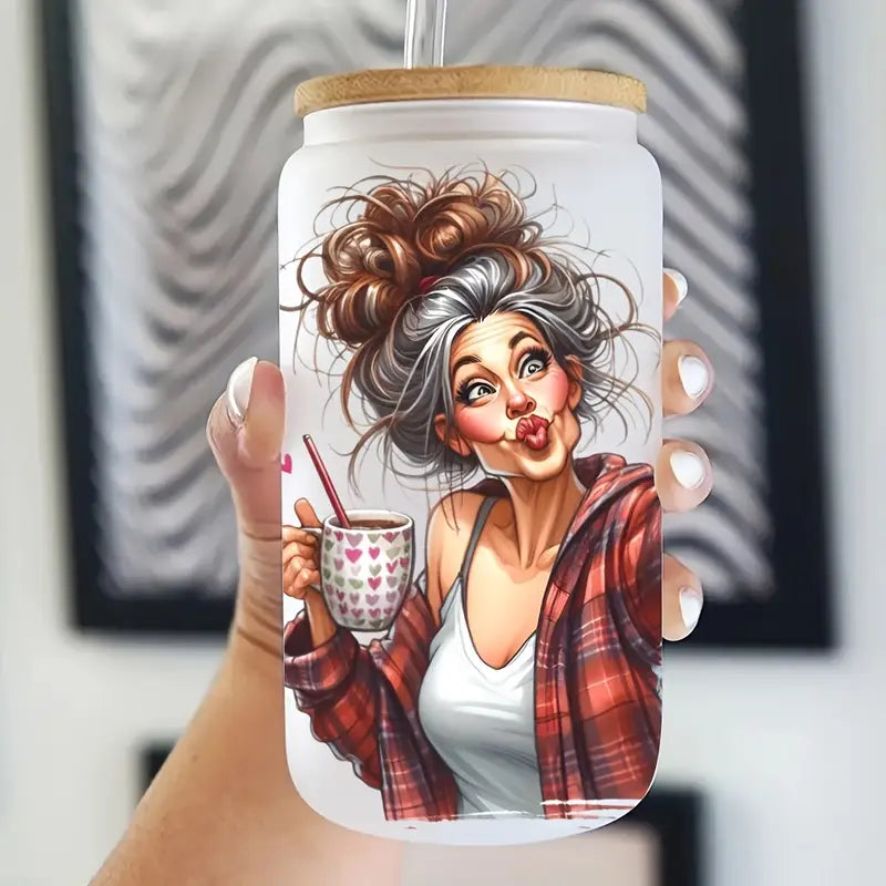 Selfie Grandma 16 oz glass jar packaging sticker funny expression coffee cup UV DTF