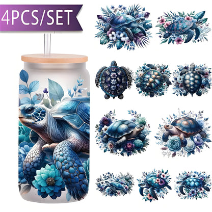 Blue Ocean Turtle 16oz Glass Jar Packaging Sticker Animal Coffee Cup UV DTF