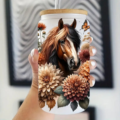Brown Bohemian Floral Horse 16oz Glass Jar Packaging Sticker Animal Coffee Cup UV DTF