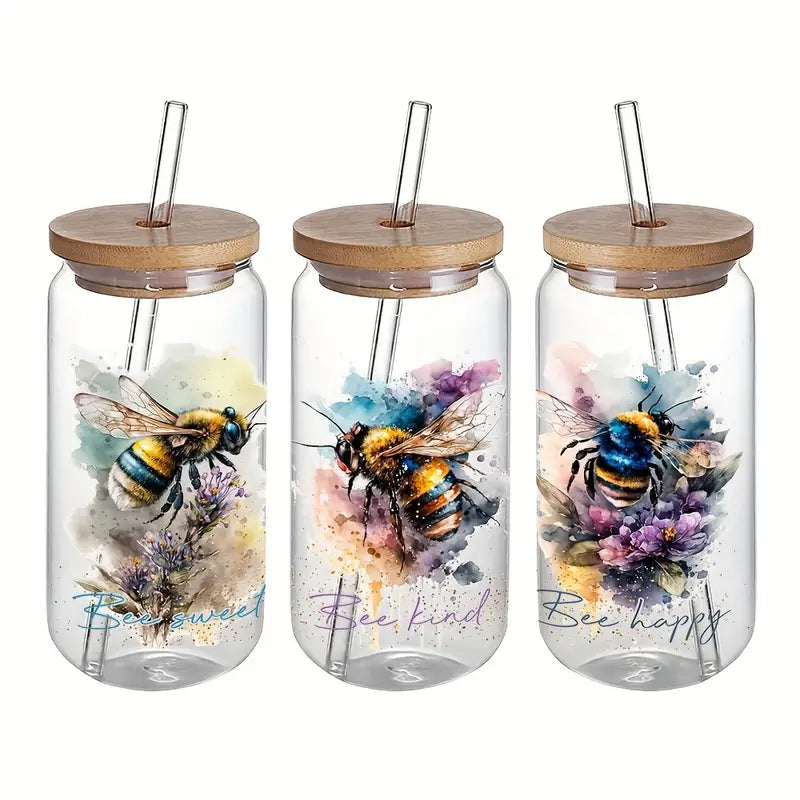 Bee and flower UV DTF glass jar decal